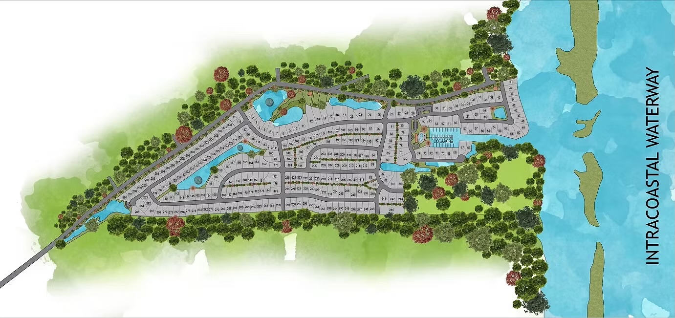 Official site plan for Salters Haven at Lea Marina, showing every lot between Lea Marina and the Intracoastal Waterway